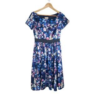 Lindy Bop Women’s Purple Blue Retro Floral Short Sleeve Jaci Flare Tea Dress S